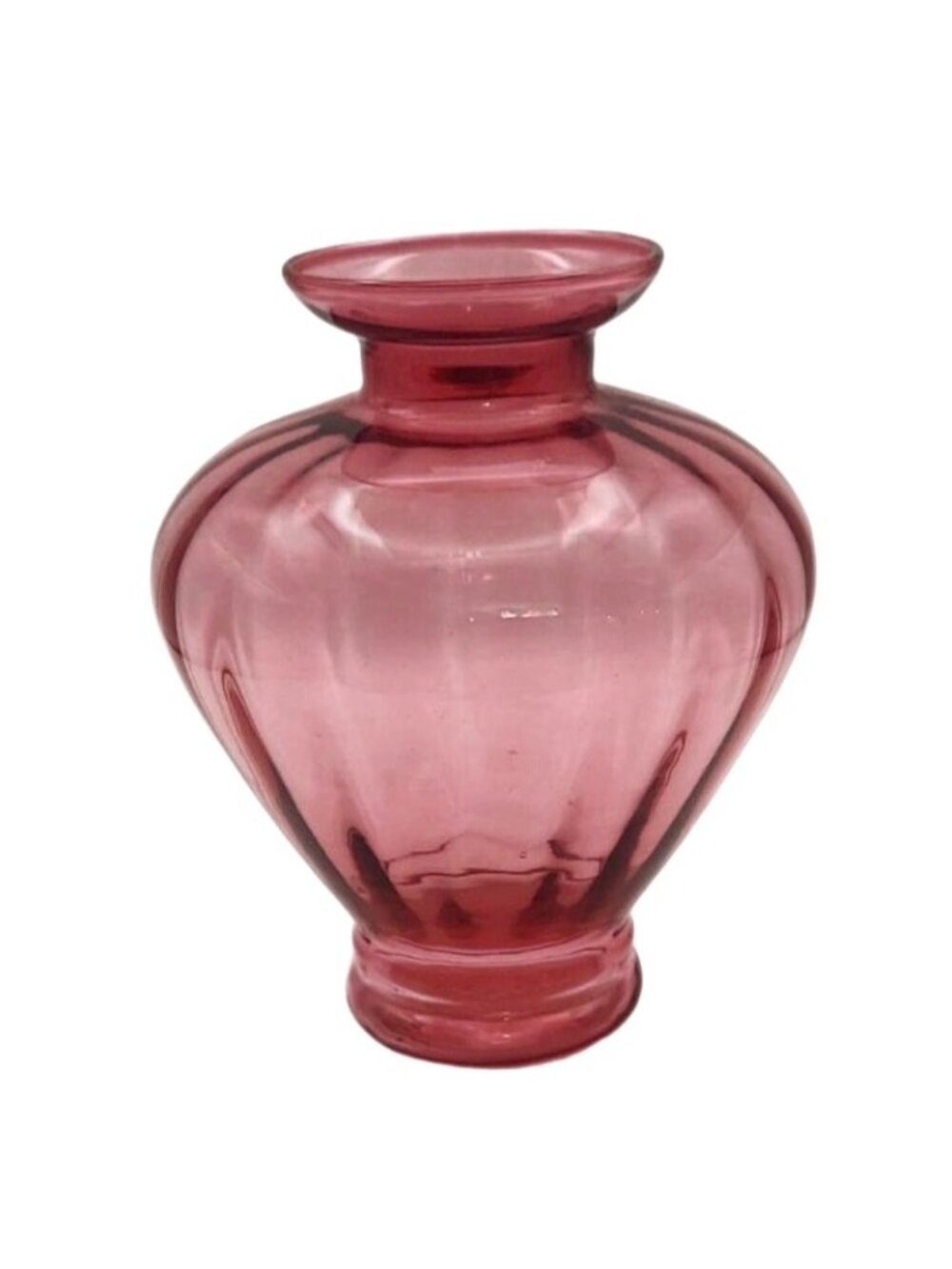 Vintage Pilgrim Hand Blown Glass Cranberry Optic Ribbed Vase Mid-Century Modern